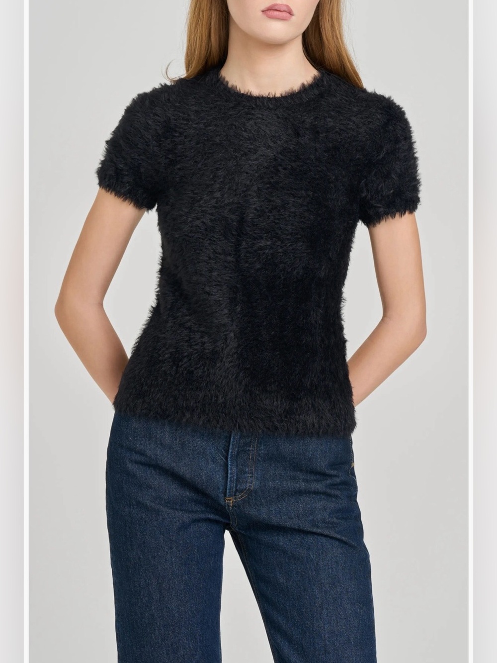 Leith Black Fuzzy Short-Sleeve Crewneck Top